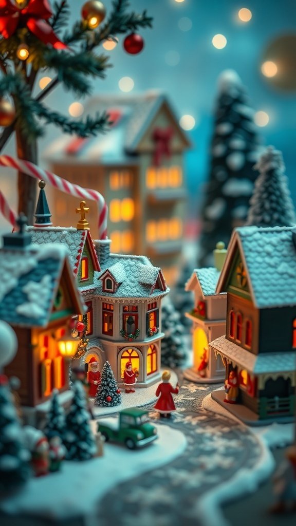 A beautifully arranged vintage Christmas village scene with houses, trees, and festive decorations.