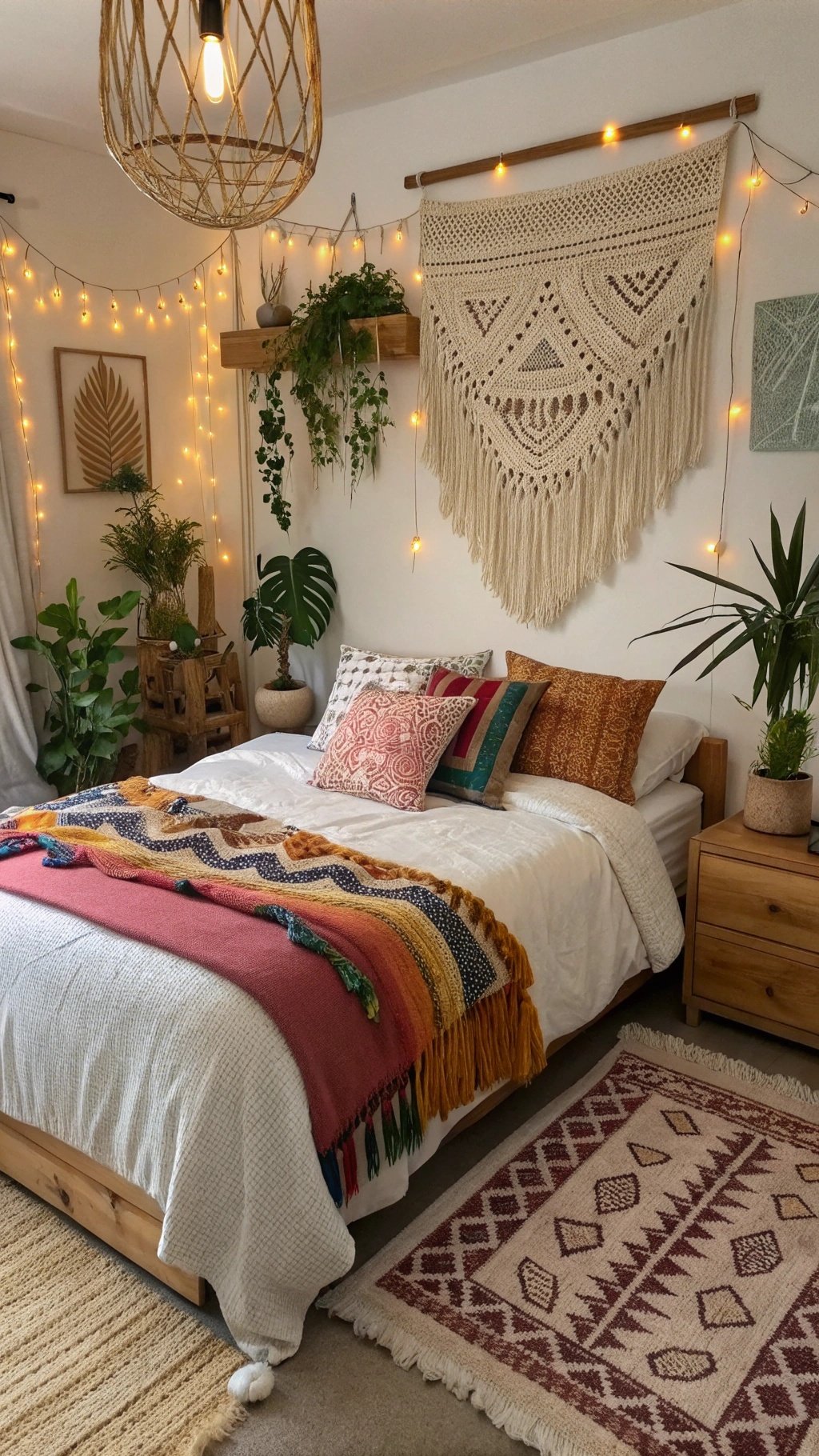 A cozy boho bedroom featuring a bed with colorful throws and pillows, macramé wall art, plants, and warm lighting.