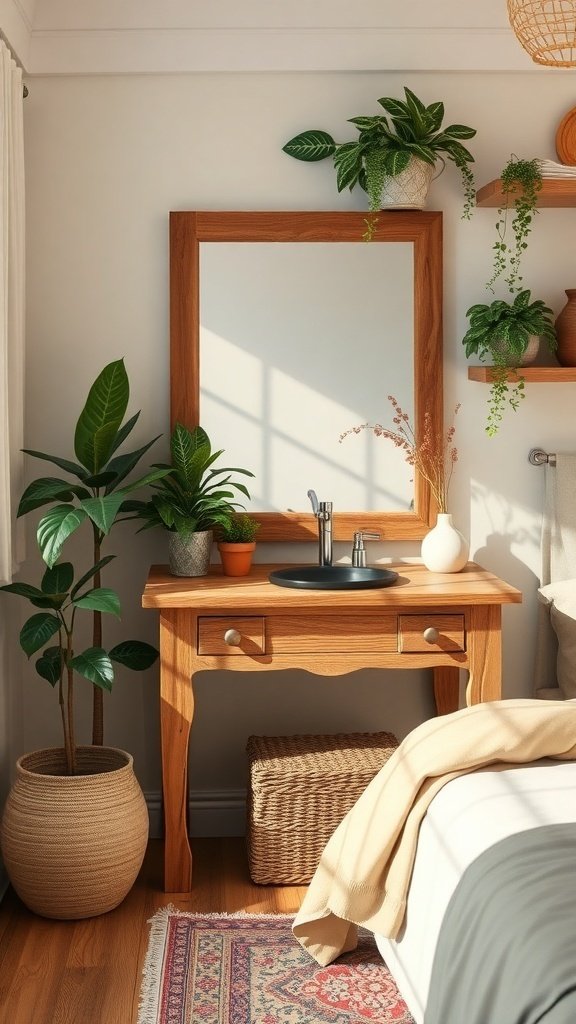 A rustic wooden vanity with a mirror, surrounded by plants, in a cozy bedroom setting.