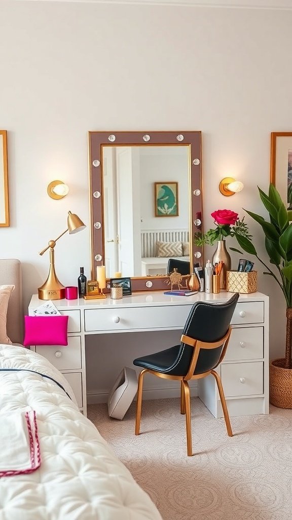 A stylish vanity setup in a bedroom with a mirror, desk, chair, and trendy accessories.