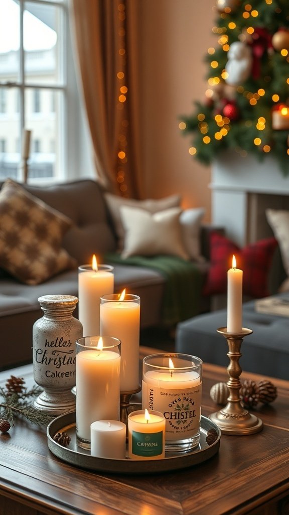 A cozy arrangement of holiday-scented candles on a wooden table, with a Christmas tree in the background.