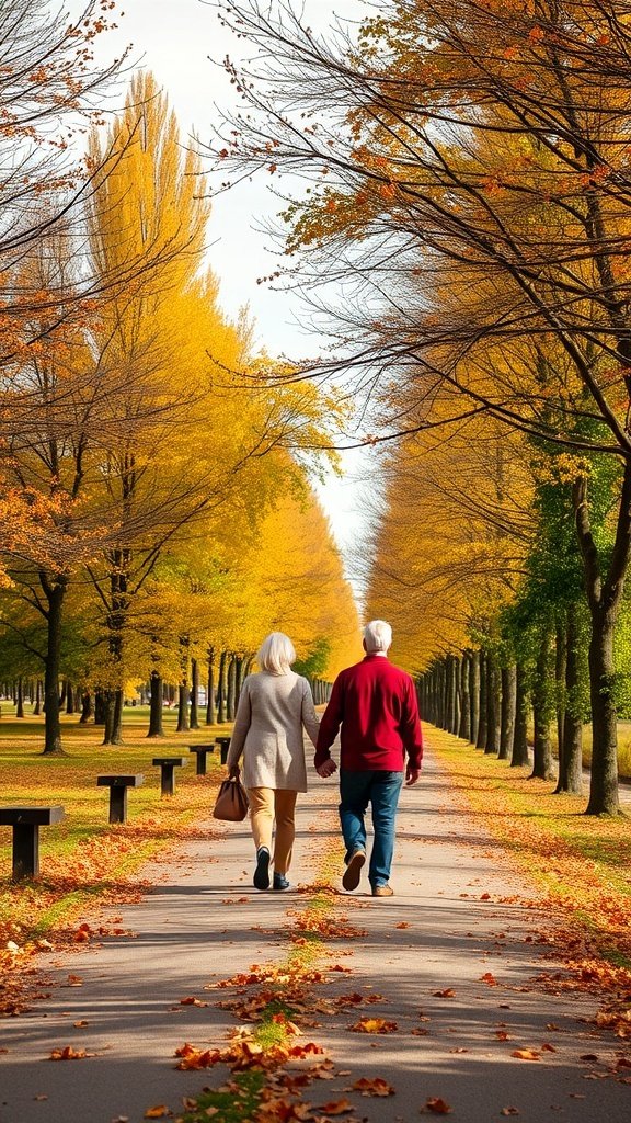 A couple walking hand in hand on a path lined with autumn trees and fallen leaves.