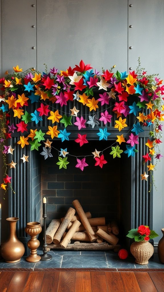 Colorful handmade paper garlands draped over a fireplace, featuring vibrant flowers and stars.
