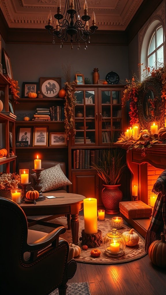 A cozy room with warm candlelight, pumpkins, and autumn decorations, creating a fall atmosphere.