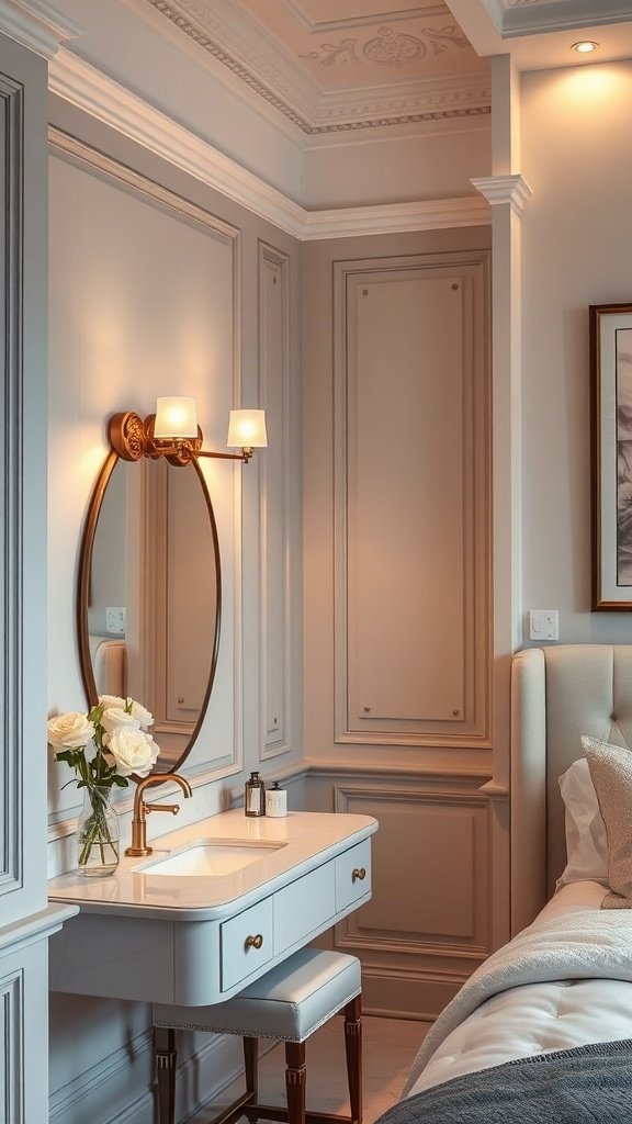 Elegant vanity area with stylish lighting and a round mirror