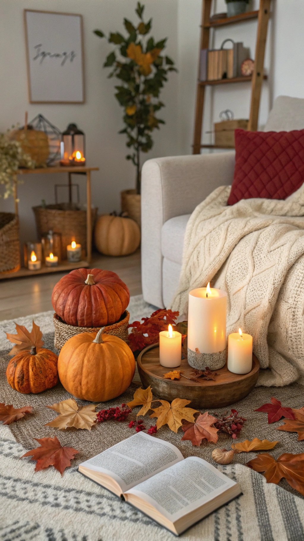 8 Cozy Fall Home Decor Ideas to Transform Your Space Cozy fall living room decor with pumpkins, candles, and a book