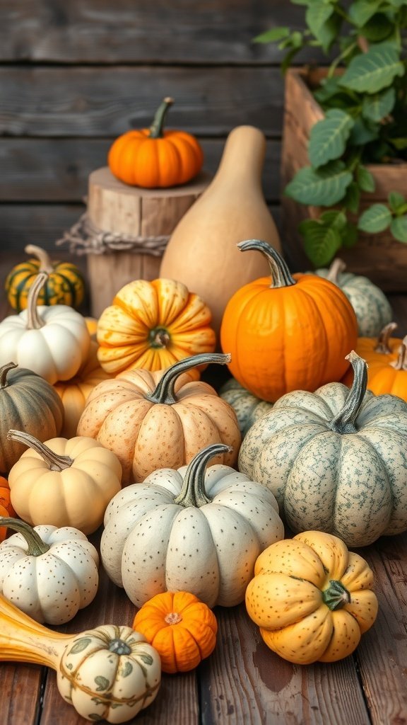 A collection of various pumpkins and gourds in warm autumn colors, perfect for a cozy October phone wallpaper.