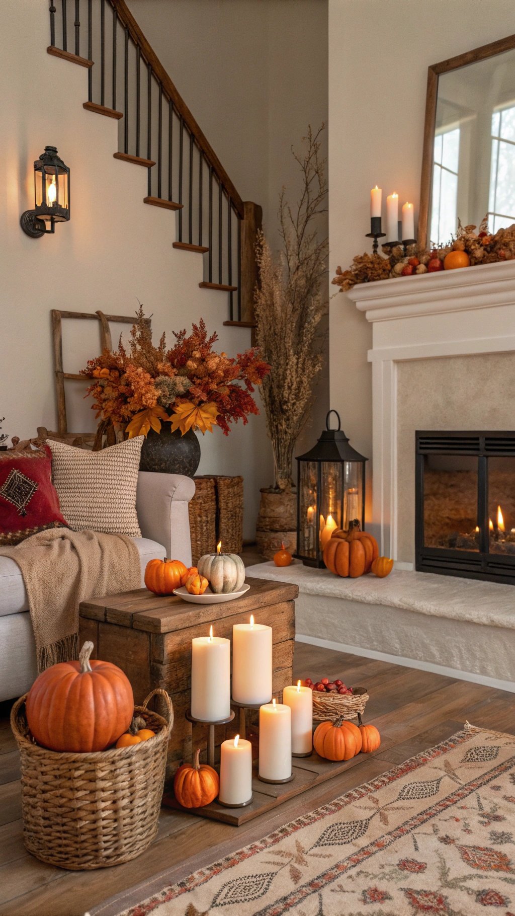 8 Cozy Fall Home Decor Ideas to Transform Your Space Cozy fall living room decor with pumpkins, candles, and autumn flowers.