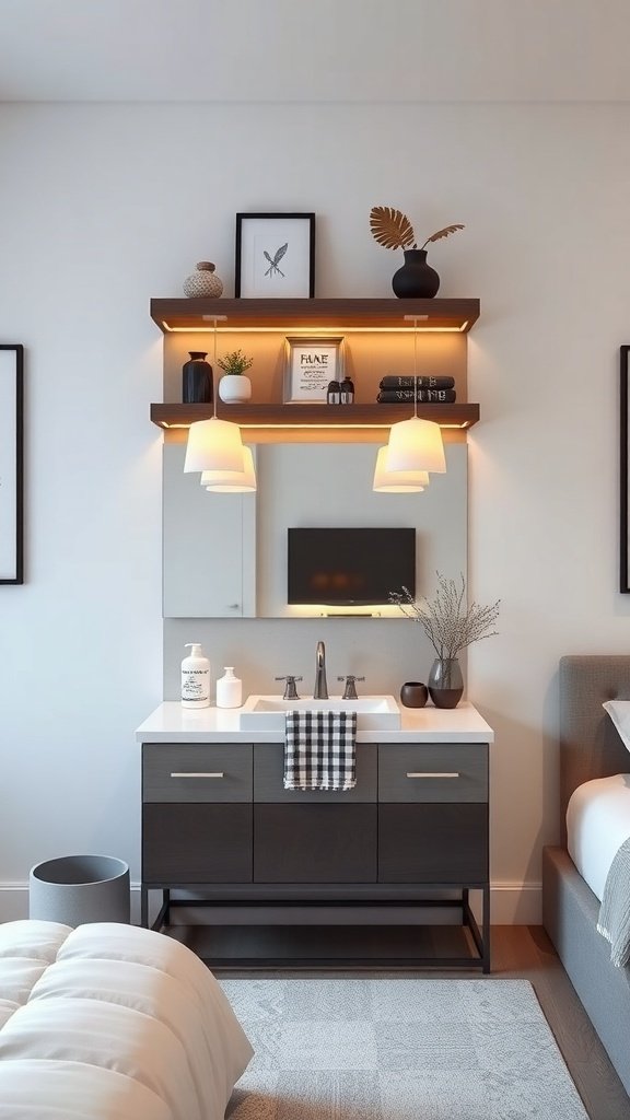 A modern vanity with floating shelves above, featuring decorative items and soft lighting.