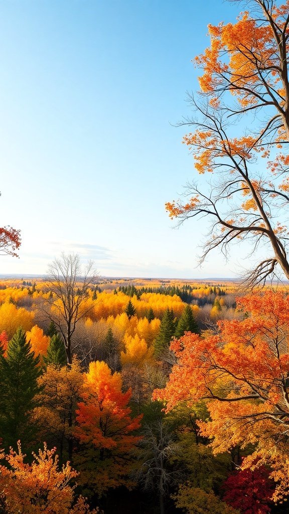 A scenic view of vibrant fall foliage with orange and yellow trees under a clear blue sky.