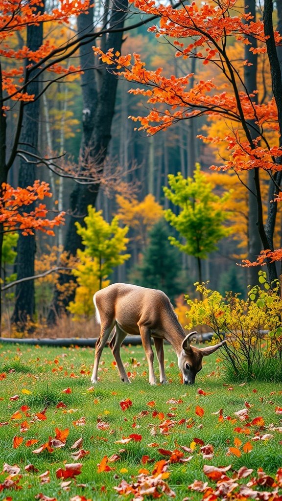 A deer grazing in a colorful autumn forest with orange and yellow leaves.