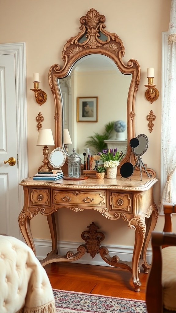A vintage wooden makeup vanity with a large mirror, decorative items, and makeup essentials.