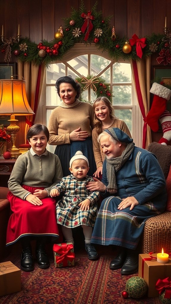 A family portrait featuring five members in vintage clothing, surrounded by Christmas decorations.