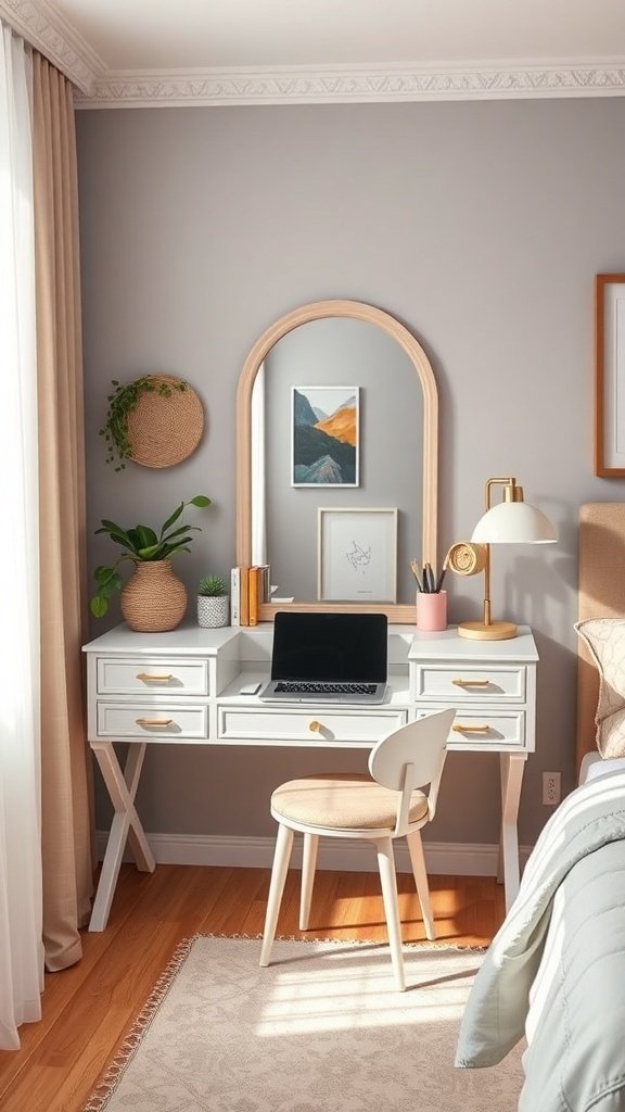 A stylish multi-functional vanity with desk space in a bedroom, featuring a white desk, chair, laptop, and decorative items.