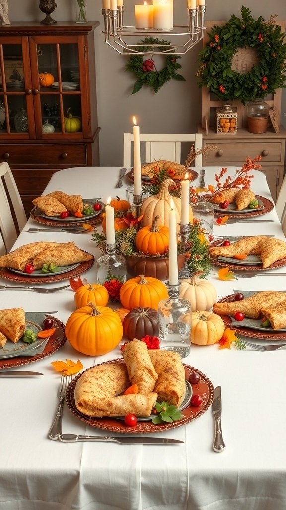 A beautifully set Thanksgiving table with pumpkins, candles, and delicious food.