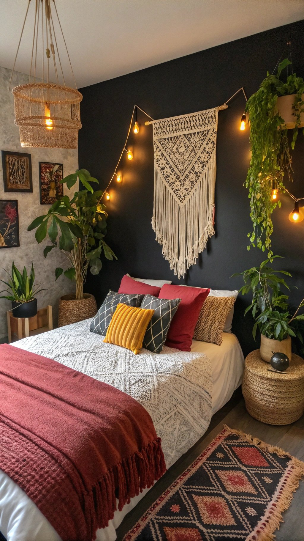 A cozy black boho bedroom featuring a macrame wall hanging, colorful bedding, plants, and warm lighting.