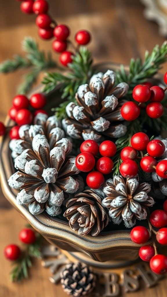A decorative arrangement of frosted pinecones and bright red berries in a bowl.