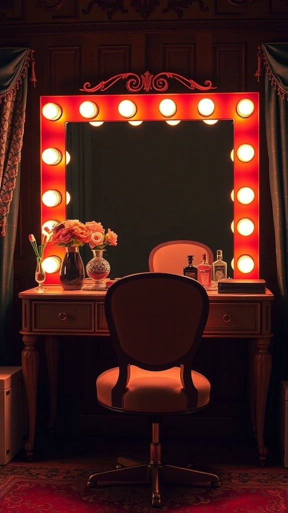 A vintage Hollywood glam vanity with bright lights, a plush chair, and decorative items.