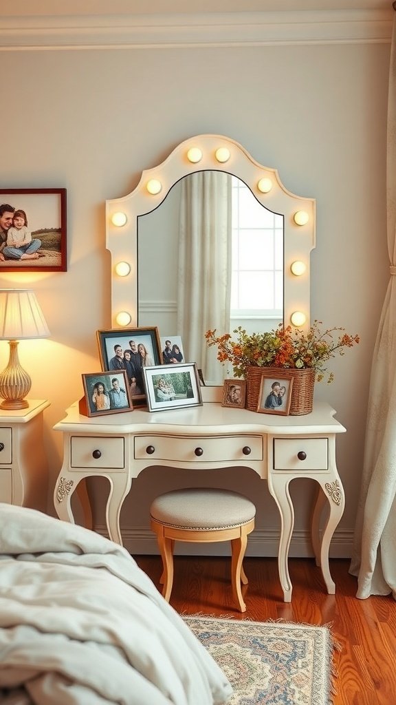 A cozy vanity area with family photos, a mirror, and soft lighting.