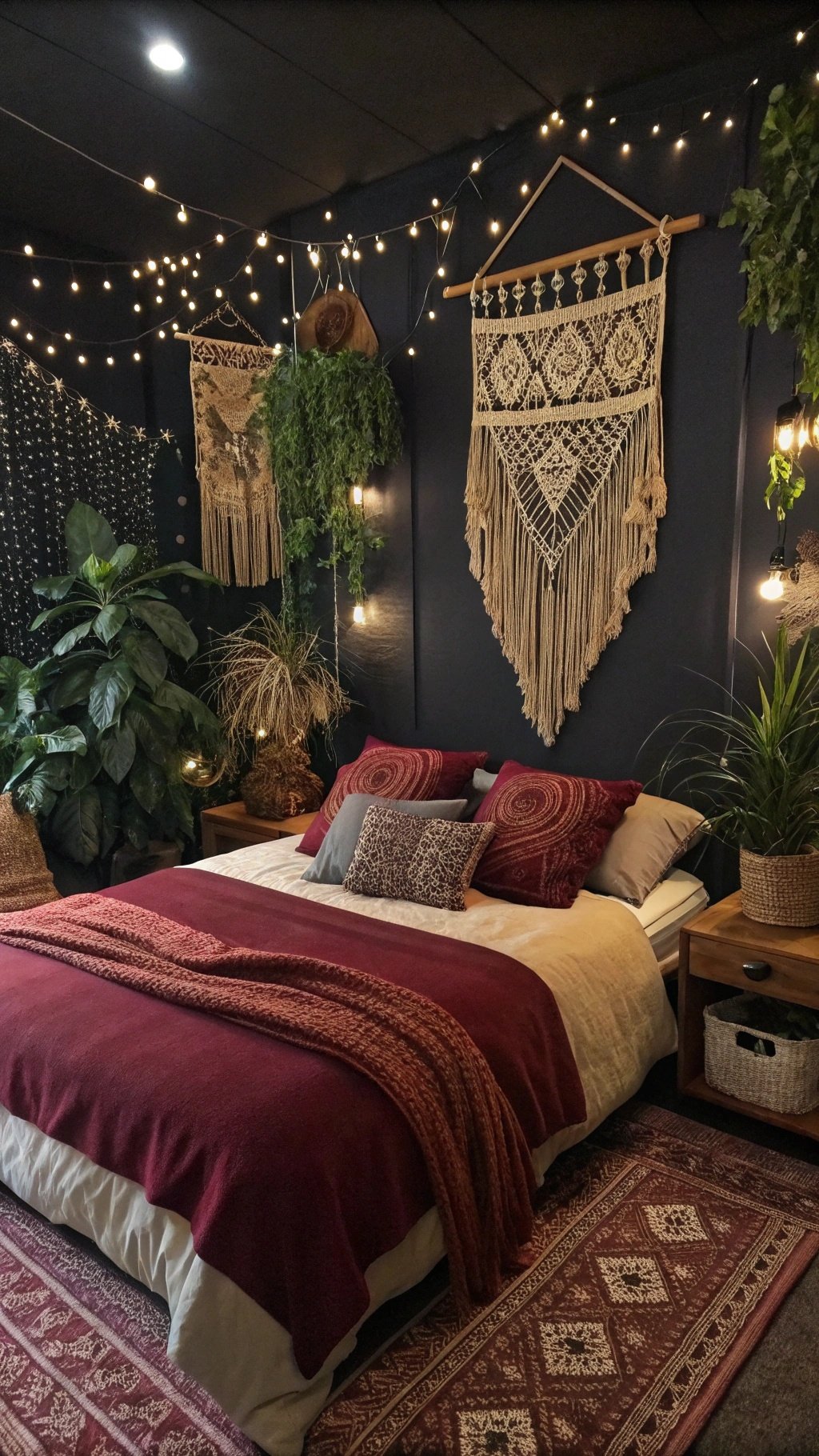 Cozy dark boho bedroom with string lights, macramé wall hangings, and lush plants.