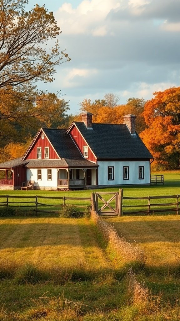 A rustic farmhouse surrounded by autumn trees and a green lawn.