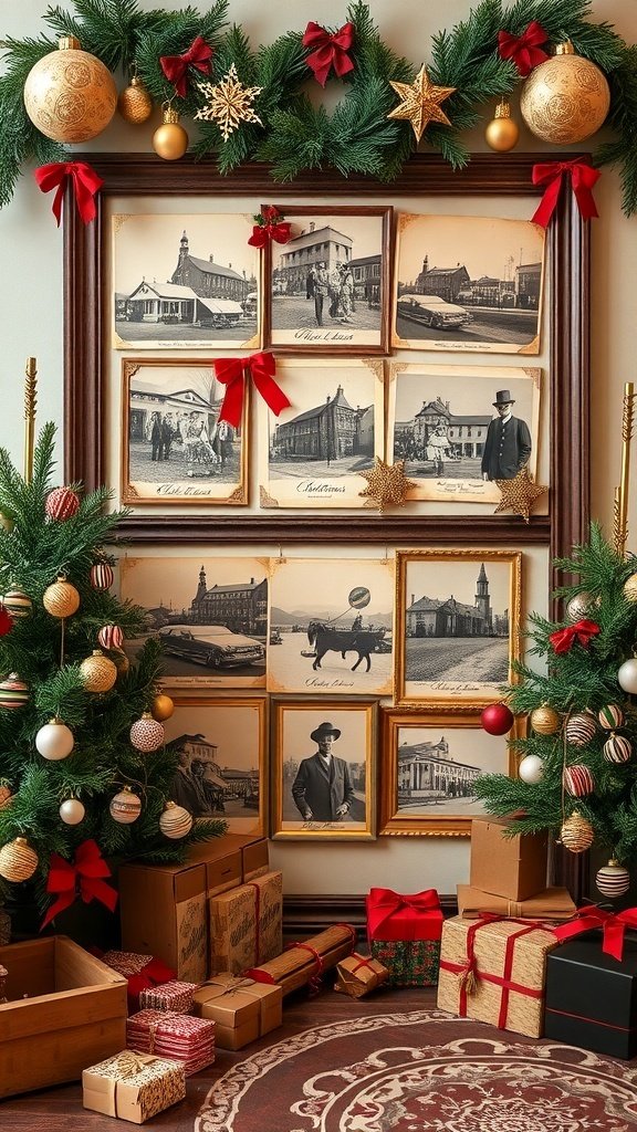 A vintage Christmas decor setup featuring old-timey photographs framed on a wall, surrounded by decorated Christmas trees and presents.