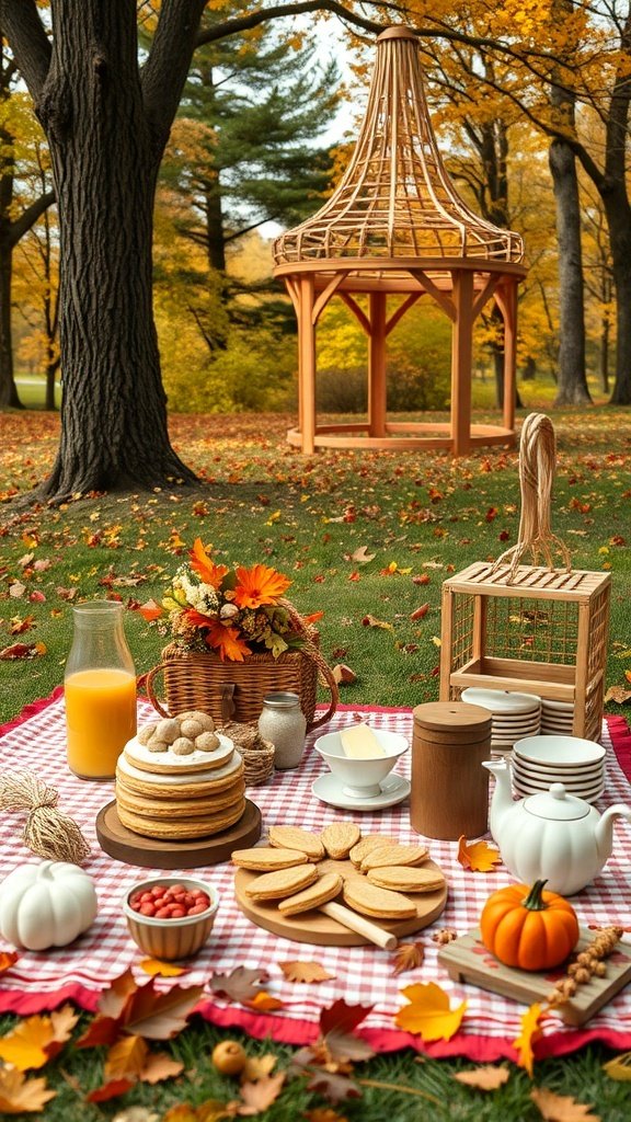 A cozy autumn picnic setup with pancakes, cookies, and a gazebo in a colorful fall setting.