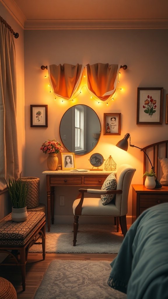 A cozy bedroom nook featuring a vanity with a round mirror, string lights, and a comfortable chair.