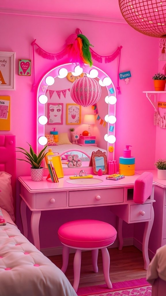A bright pink vanity with neon accents, featuring a round mirror with bulbs, colorful decor, and a cheerful atmosphere.