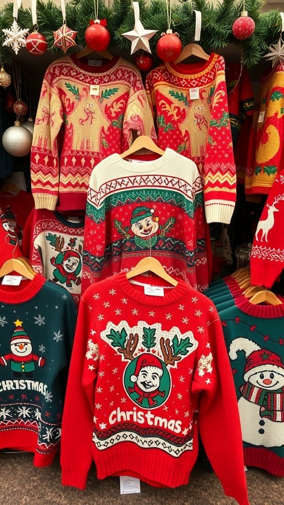 A collection of vintage Christmas sweaters displayed for decoration, featuring festive designs.