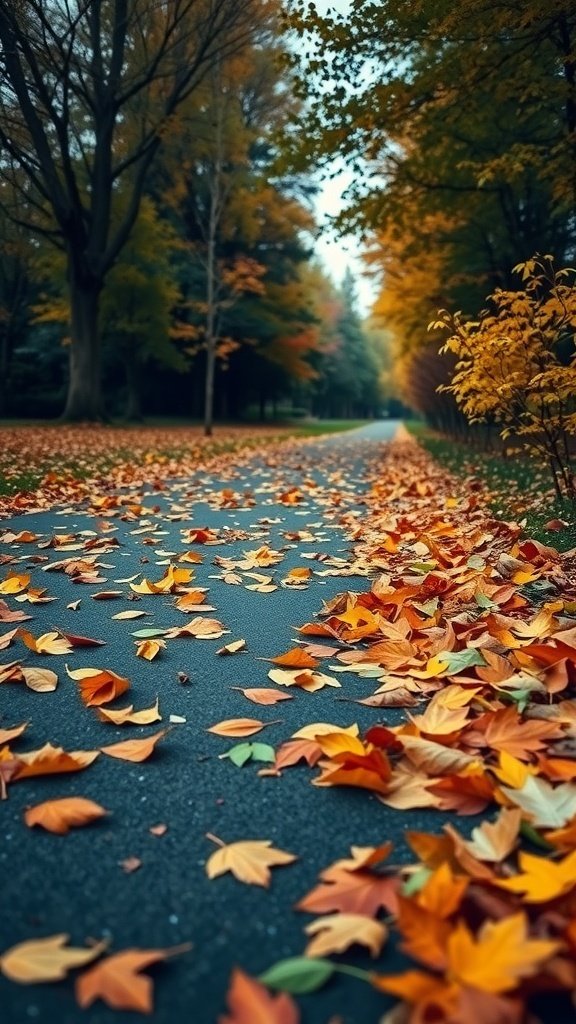 A pathway covered with colorful fallen leaves in autumn.