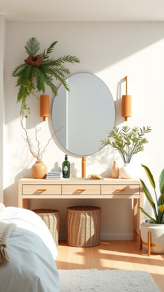 Open concept vanity with natural elements, featuring a round mirror, plants, and a light wood table.