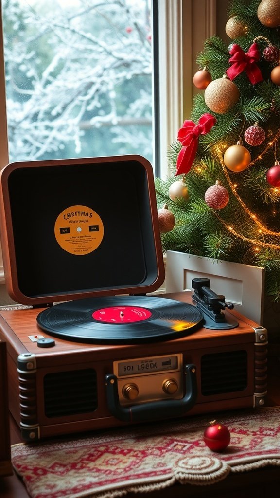A vintage record player with a Christmas record, decorated Christmas tree in the background.