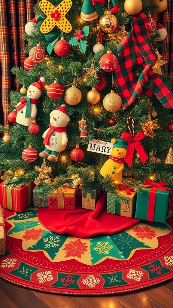 A colorful retro Christmas tree skirt with snowflakes and leaves, surrounded by gifts under a decorated Christmas tree.