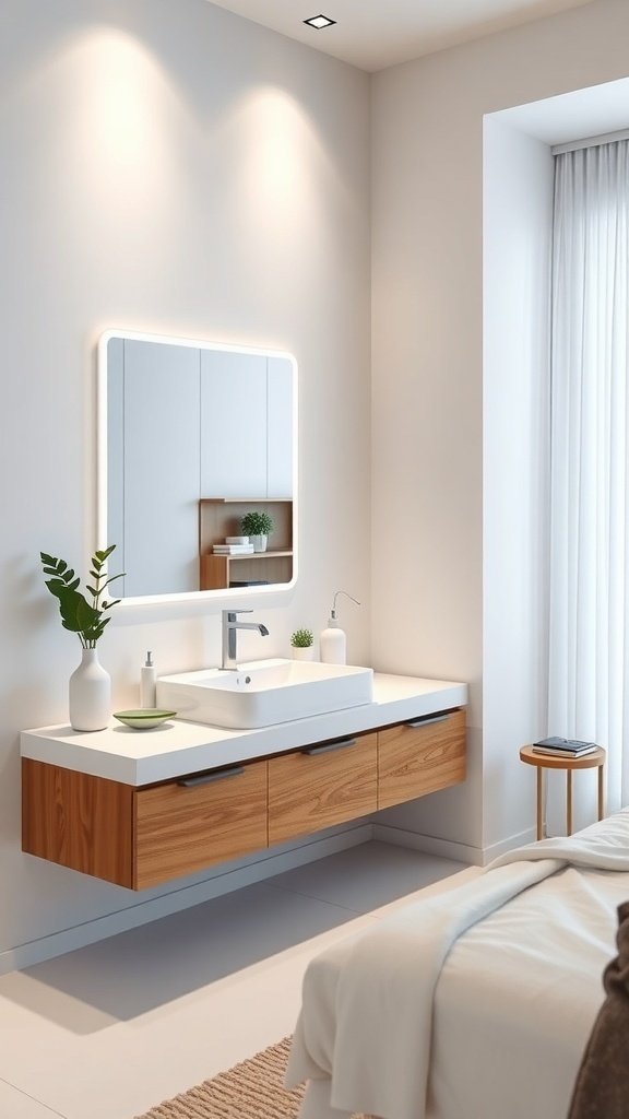 Modern floating vanity with wooden drawers and a large mirror in a bright bedroom