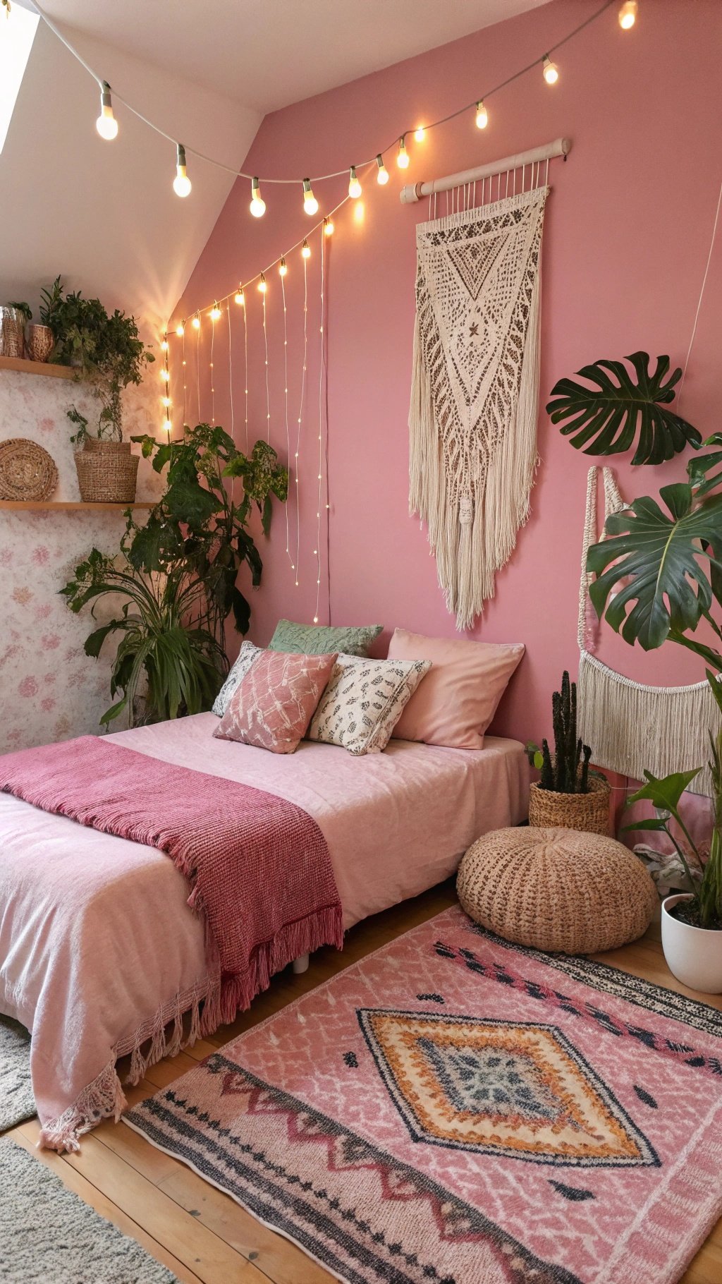 A cozy pink boho bedroom featuring string lights, macramé wall art, and plants.
