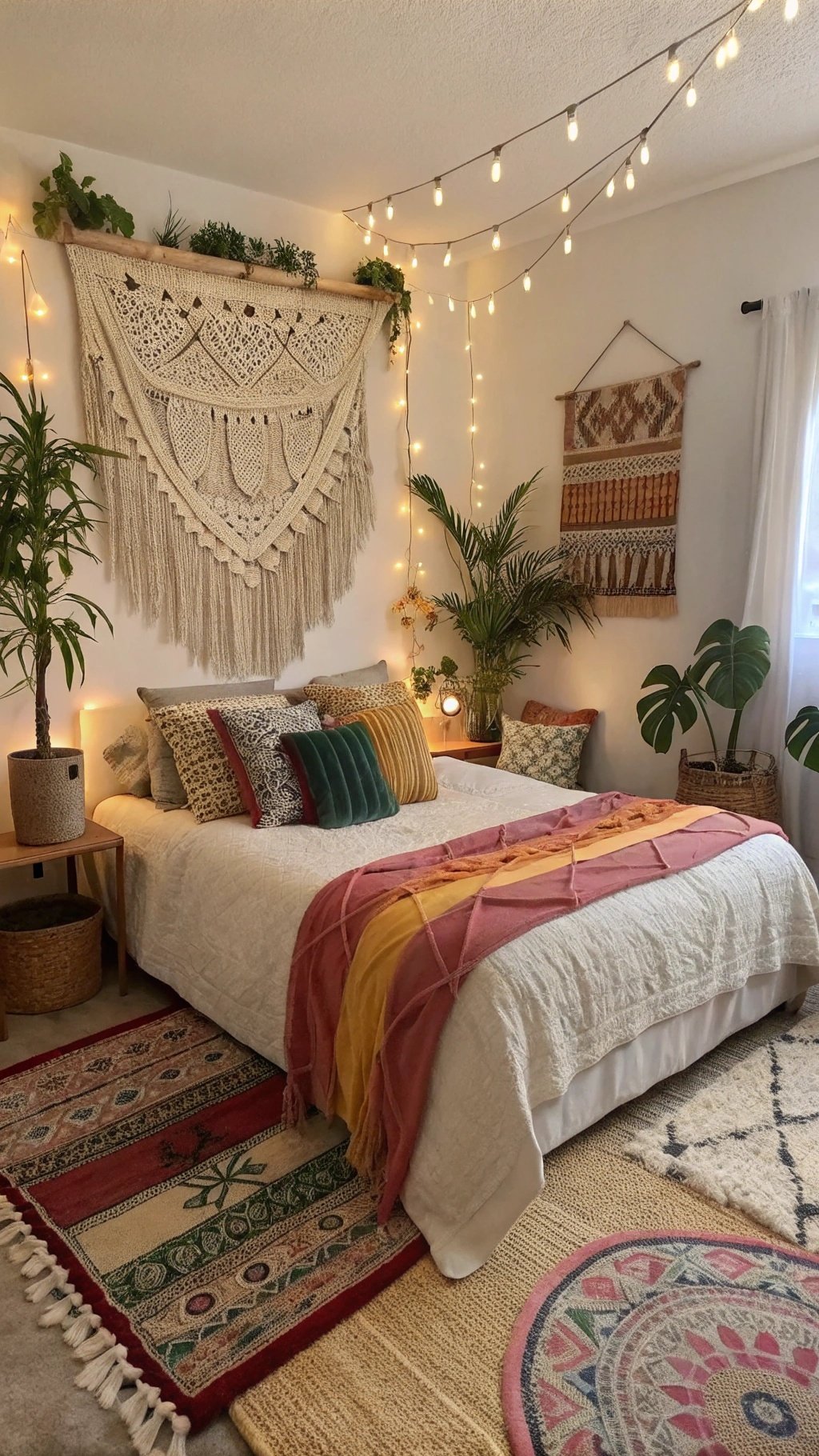 Cozy boho bedroom with macramé wall art, colorful pillows, and string lights.