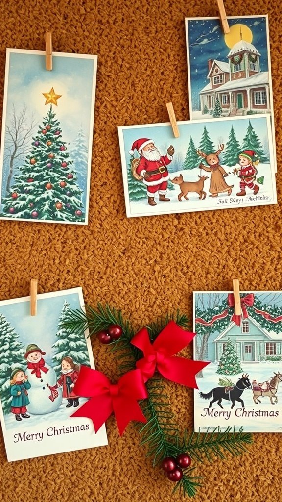 A collection of vintage Christmas postcards featuring festive scenes, hung with clothespins on a textured background.
