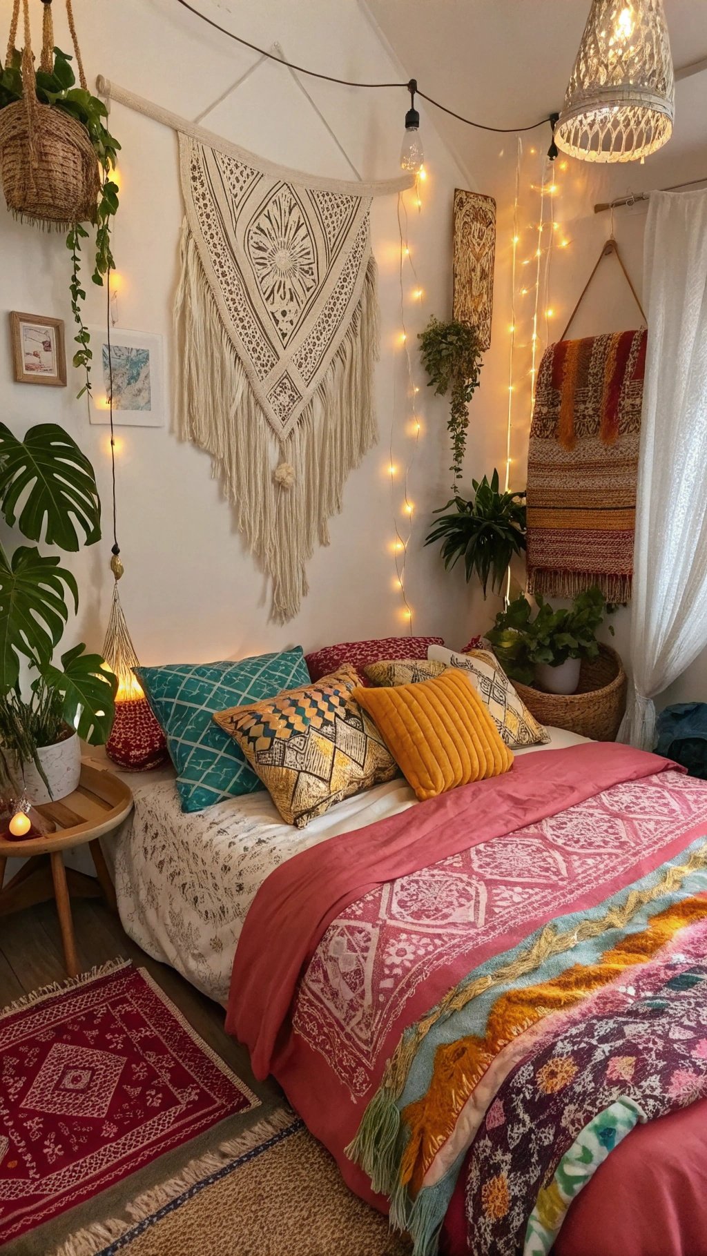 A cozy boho bedroom featuring colorful pillows, macramé wall art, and plants.