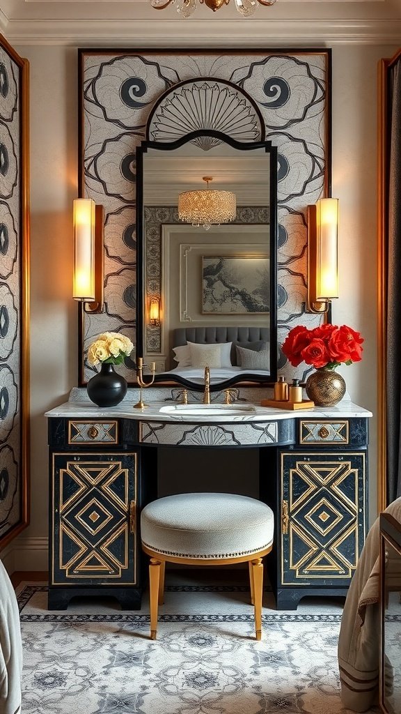 An elegant Art Deco inspired vanity space featuring a black and gold vanity with a marble top, a large mirror, and decorative flowers.