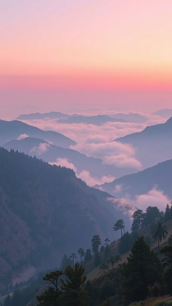 Misty mountain view with soft pastel colors and clouds