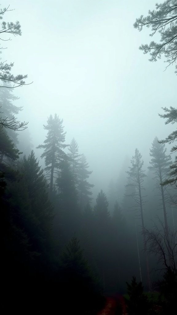 A foggy forest with tall trees and a misty atmosphere.