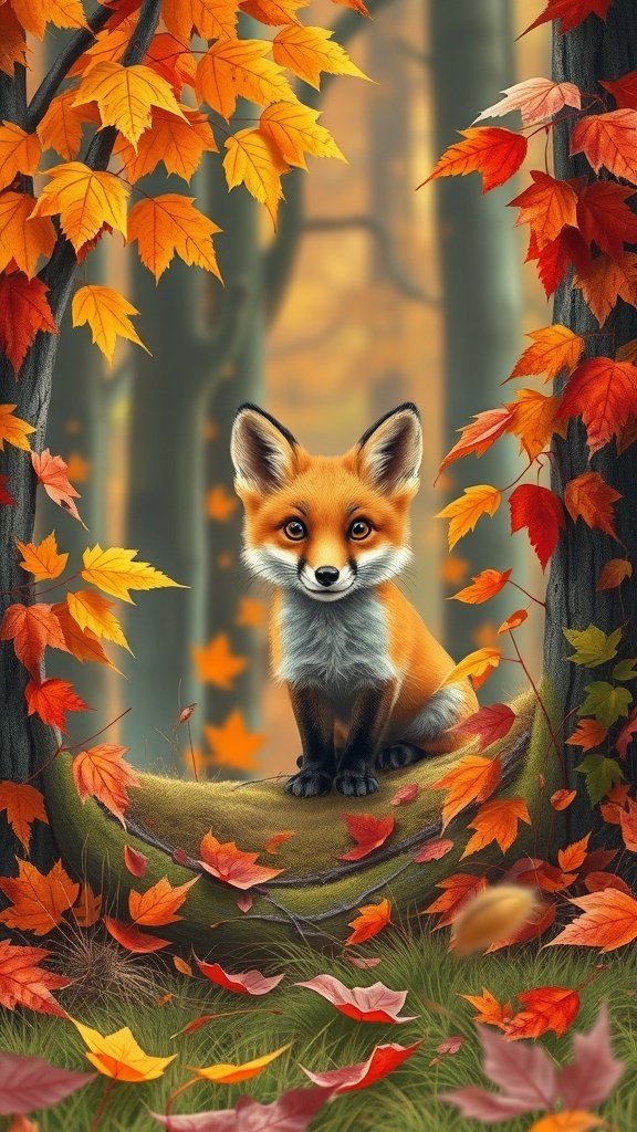 A cute fox surrounded by autumn leaves in a woodland setting