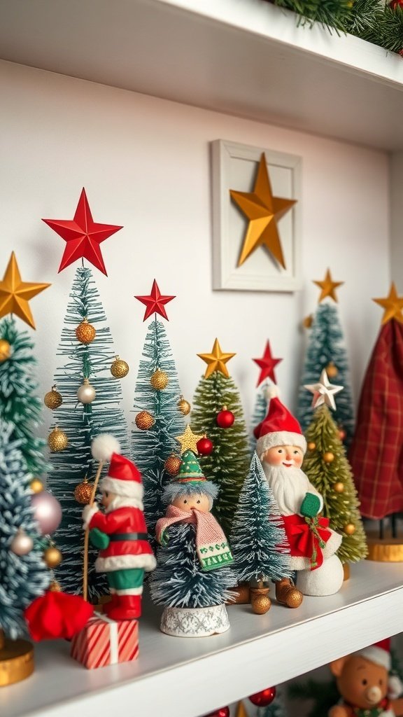 A collection of vintage Christmas tree toppers and decorations including Santa figures and colorful trees.