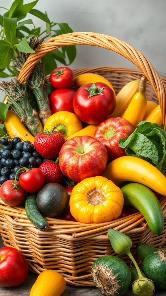 A harvest basket filled with colorful fruits and vegetables, symbolizing the abundance of October.
