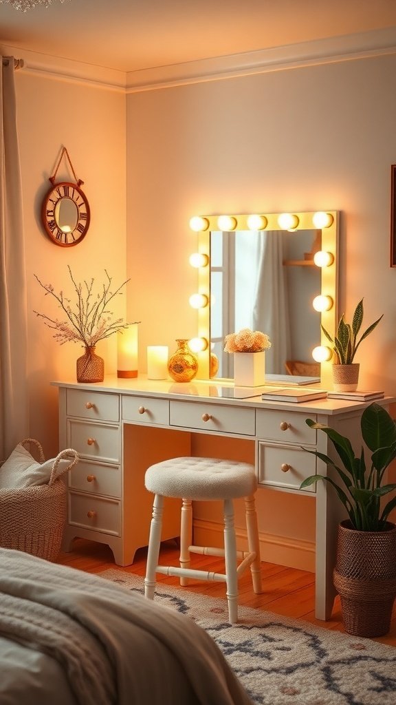 A cozy vanity setup with warm lighting, a large mirror, and decorative plants.