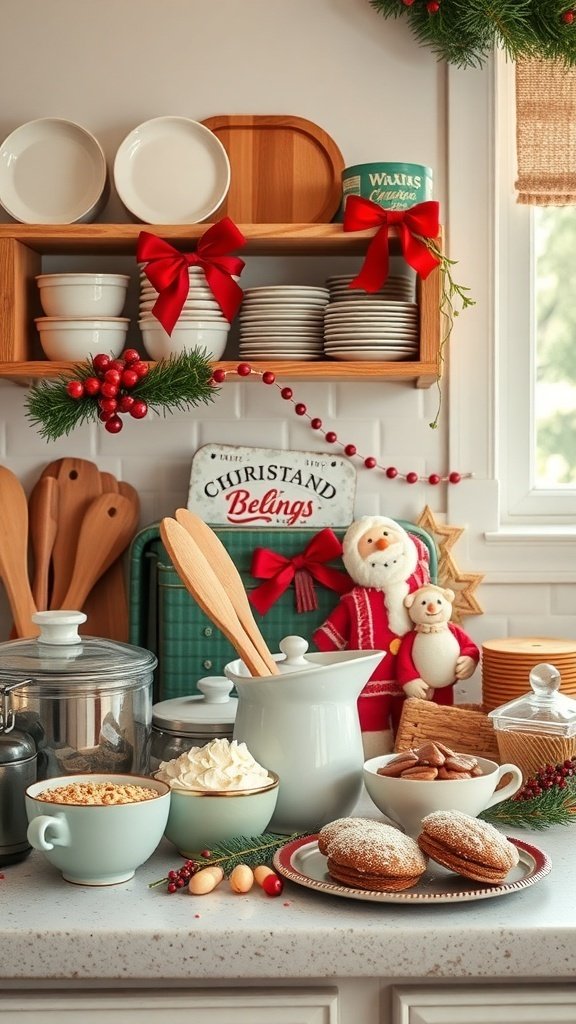 A cozy kitchen scene with vintage holiday baking supplies, including bowls, utensils, and festive decorations.