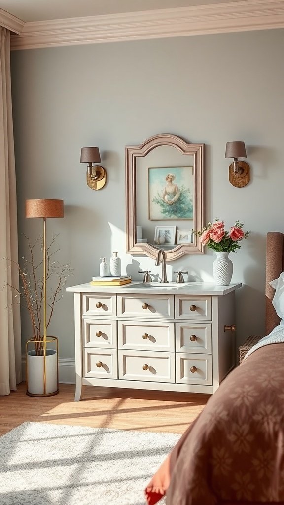 A stylish transitional vanity setup in a bedroom with a mirror, flowers, and soft lighting.
