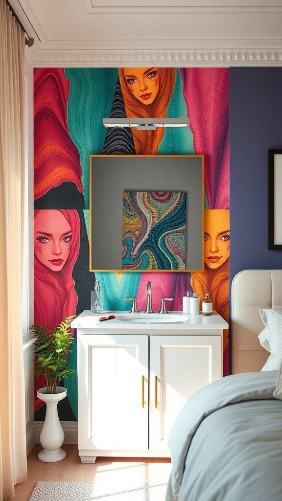 A colorful accent wall with artistic faces behind a white vanity in a stylish bedroom.