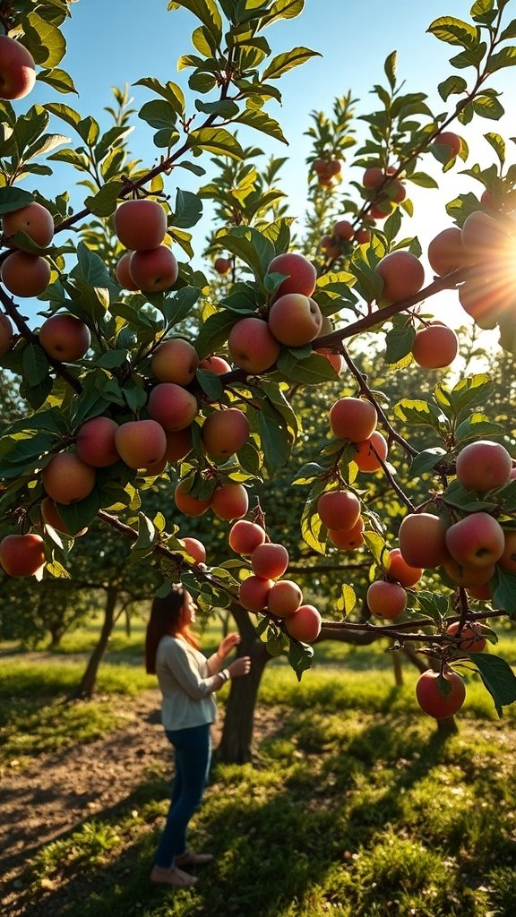 A person harvesting apples in an orchard with sunlight filtering through the trees.
